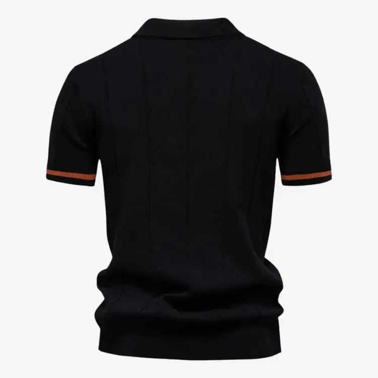 Detalhe friso caramelo punho polo preta masculina de malha — Soffisticata