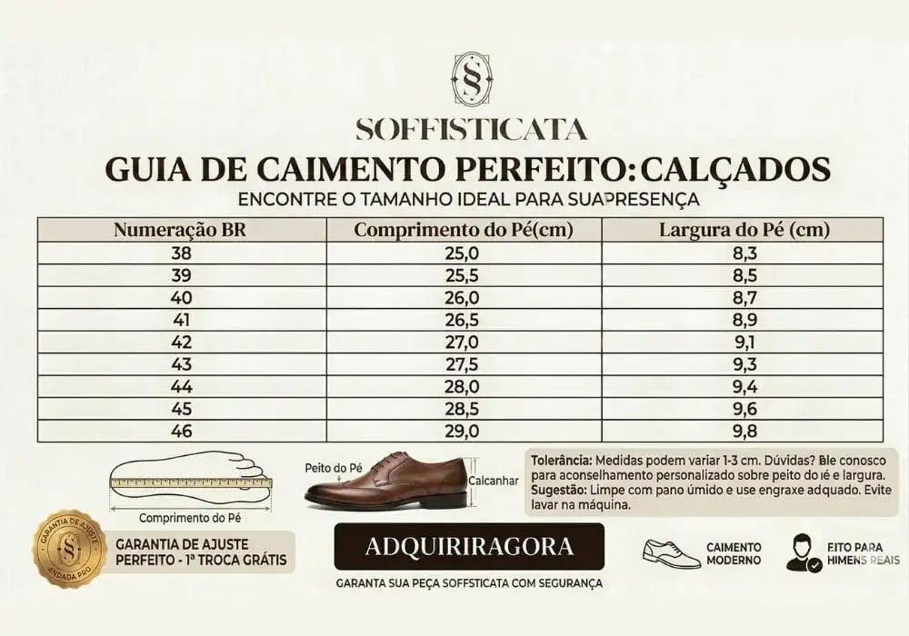 Tabela de medidas Mocassim masculino