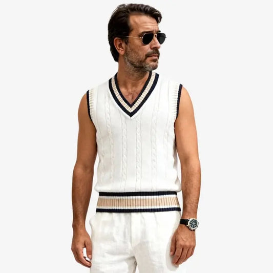 Suéter sem manga masculino branco com listras azul marinho — estilo atemporal Soffisticata