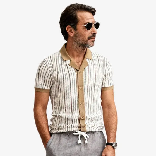 Camisa Polo Masculina Listrada em Malha Cáqui Soffisticata