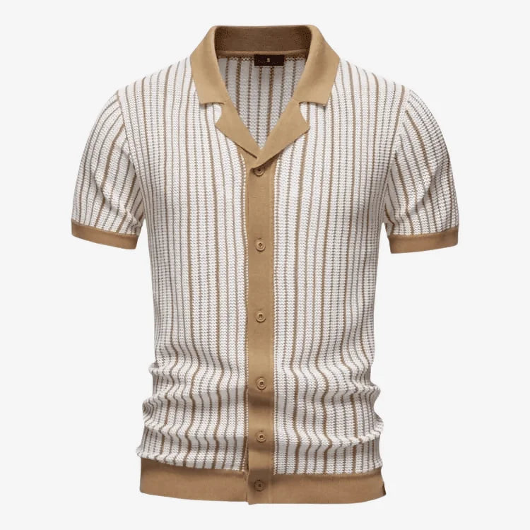 Camisa Polo Masculina Listrada em Malha Cáqui Soffisticata