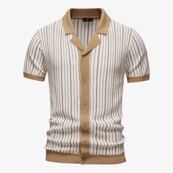 Camisa Polo Masculina Listrada em Malha Cáqui Soffisticata
