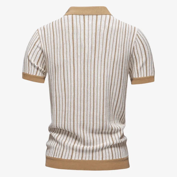 Camisa Polo Masculina Listrada em Malha Cáqui Soffisticata