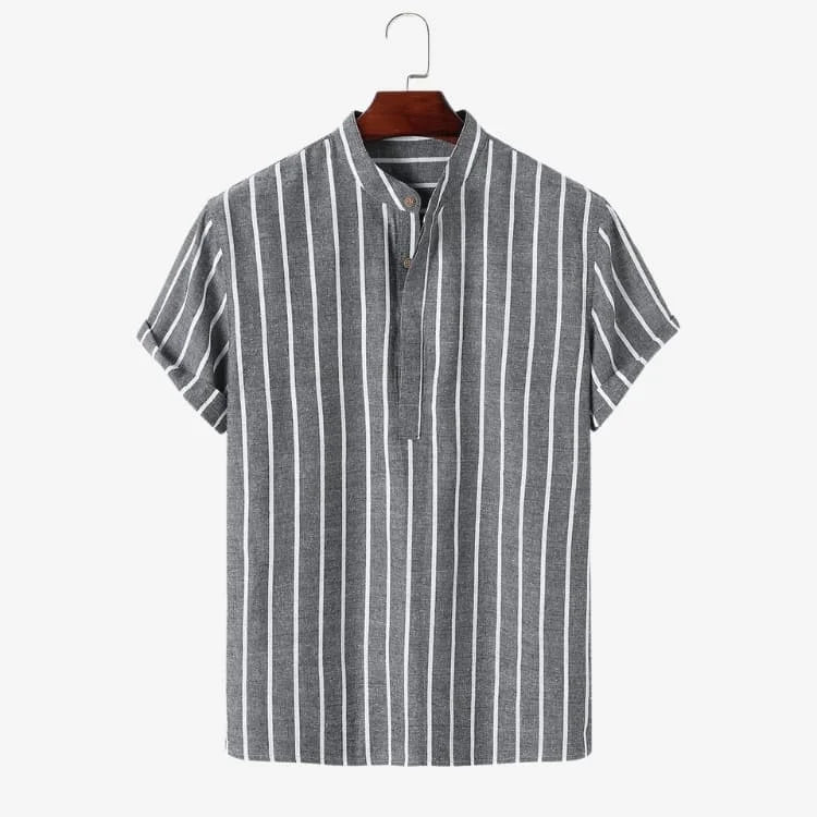 Camisa Gola Padre Masculina Cinza Listrada Soffisticata