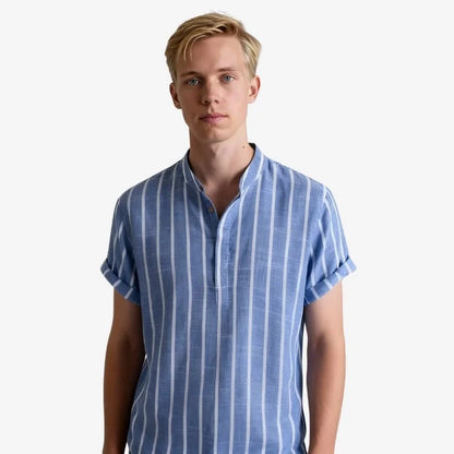 camisa gola padre masculina azul listrada frente — Soffisticata