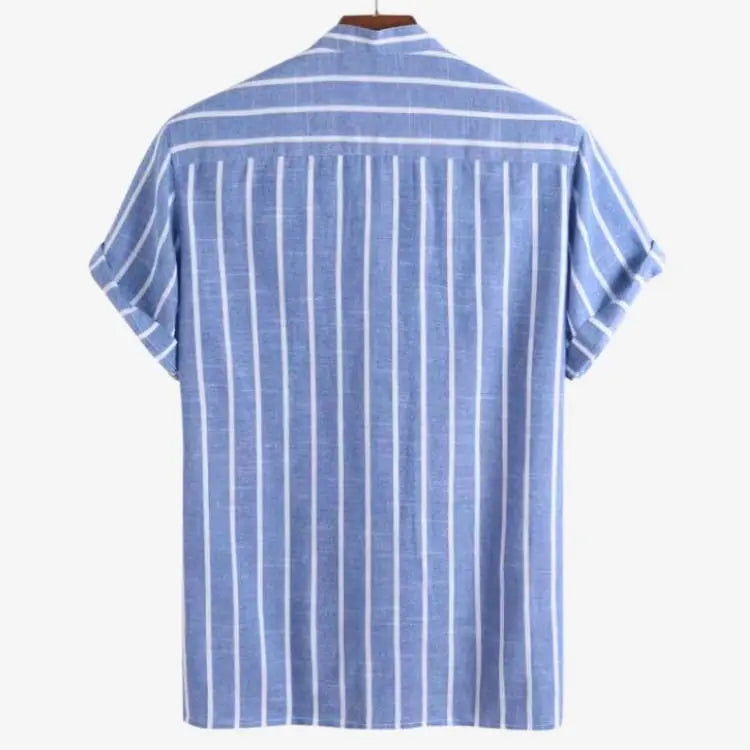 camisa gola padre masculina azul listrada look completo — Soffisticata