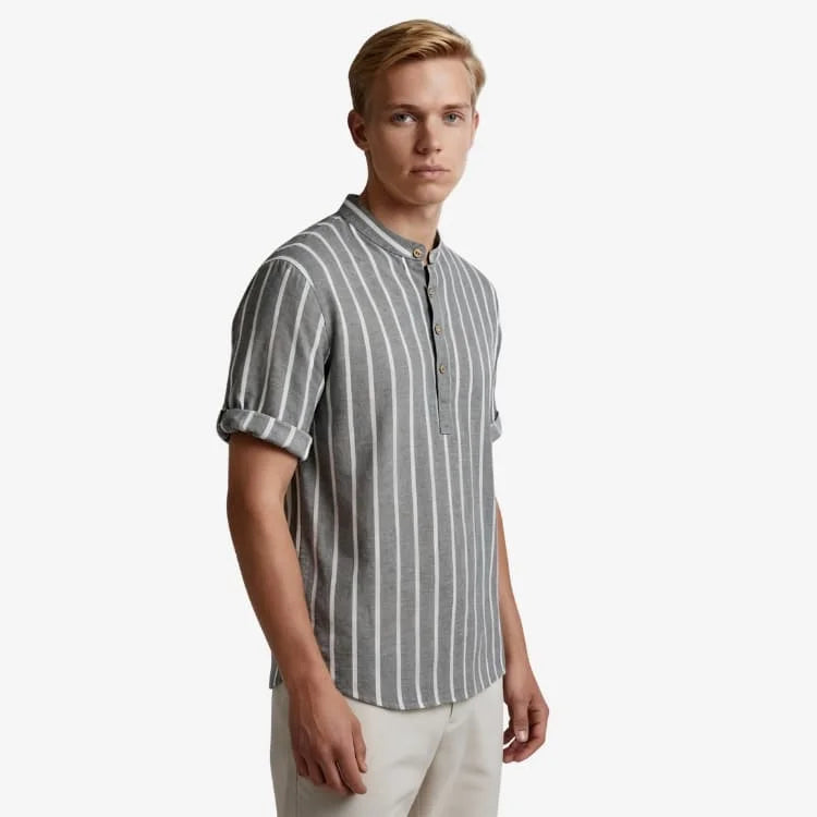Camisa Gola Padre Masculina Cinza Listrada Soffisticata