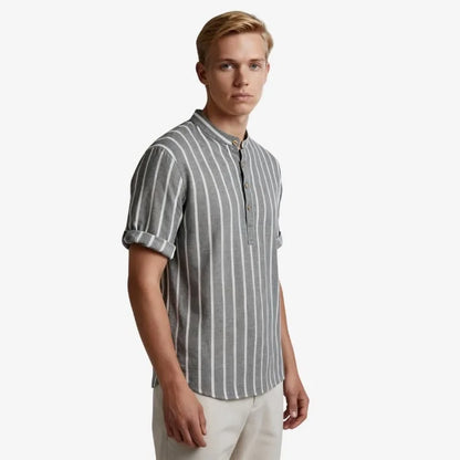 Camisa Gola Padre Masculina Cinza Listrada Soffisticata