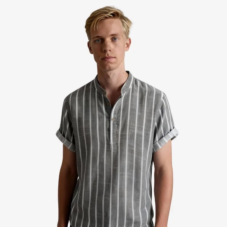 Camisa Gola Padre Masculina Cinza Listrada Soffisticata