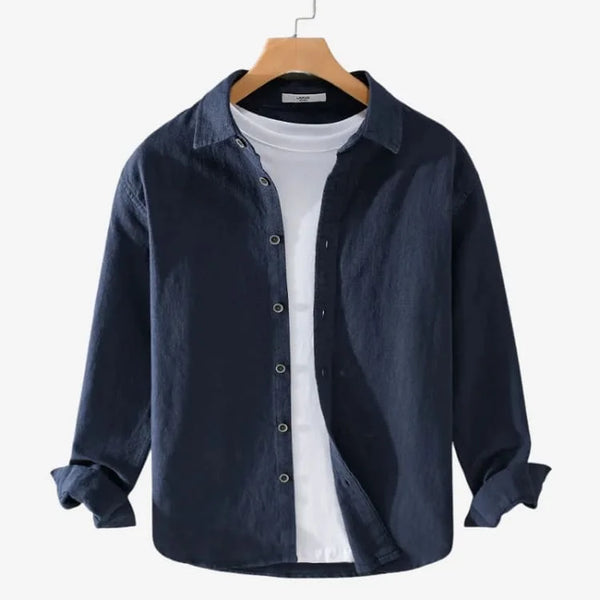 Camiseta de Linho Masculina Azul Escuro de botão
