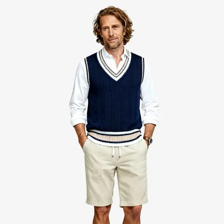 modelo homem de frente usando o Suéter Masculino Sem Manga Azul Soffisticata