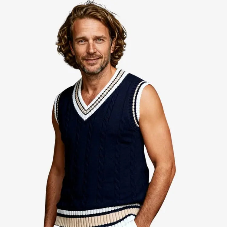 modelo homem de frente em fundo branco de estúdio usando o Suéter Masculino Sem Manga Azul Soffisticata