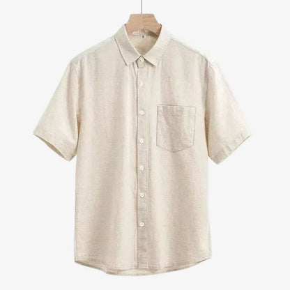 Camisa de linho masculina bege vista frontal no cabide — Soffisticata