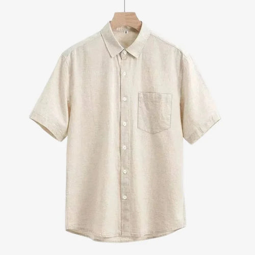Camisa de linho masculina bege vista frontal no cabide — Soffisticata