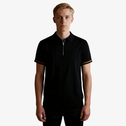 Camiseta polo preta masculina de malha com zíper — Soffisticata
