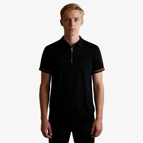 Camiseta polo preta masculina de malha com zíper — Soffisticata