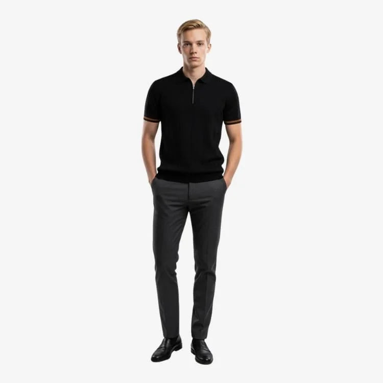 Look completo camiseta polo preta masculina de malha — Soffisticata