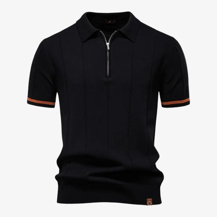 Detalhe zíper metálico e tricô canelado polo preta masculina — Soffisticata
