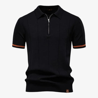 Detalhe zíper metálico e tricô canelado polo preta masculina — Soffisticata