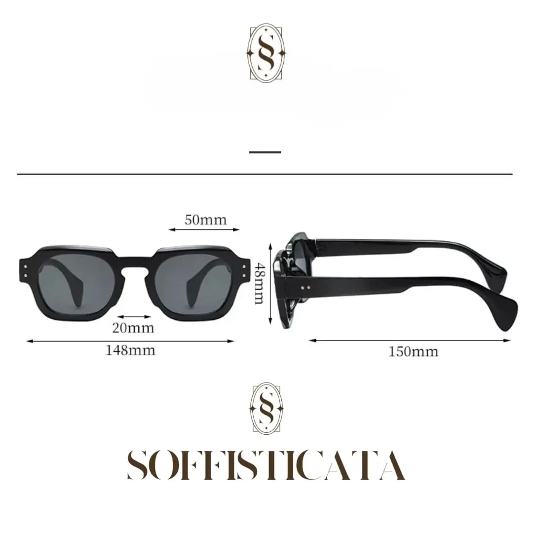 Medidas dos óculos de sol masculino Soffisticata — lente 50x48mm, ponte 20mm, largura 148mm, haste 150mm