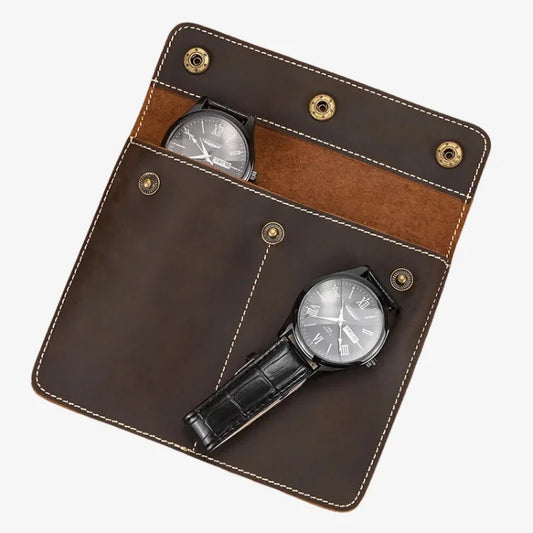 porta-relógio de couro masculino marrom escuro aberto com relógio — Soffisticata