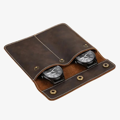 porta-relógio de couro masculino marrom escuro vista lateral aberto — Soffisticata