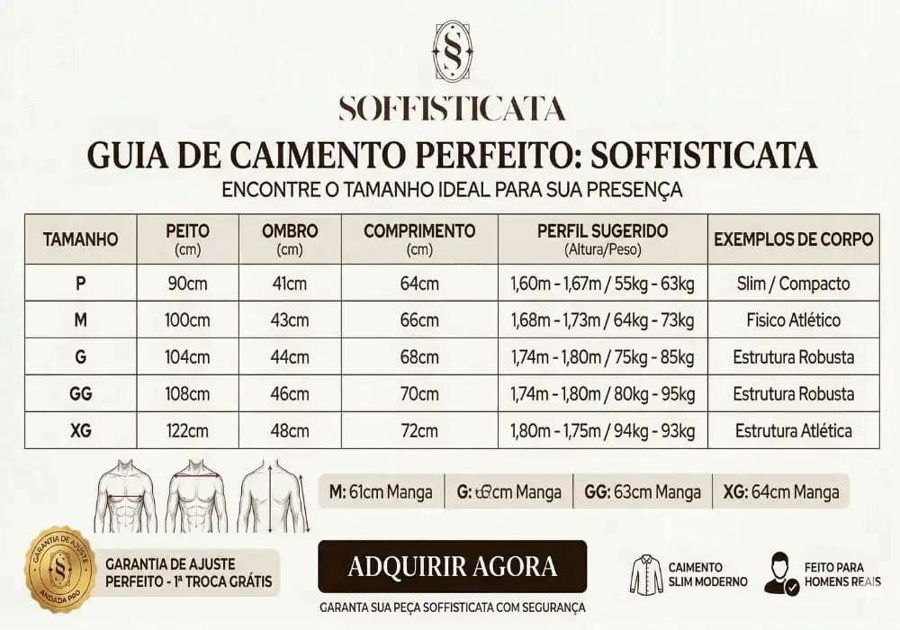 Guia de medidas camisa gola padre masculina soffisticata