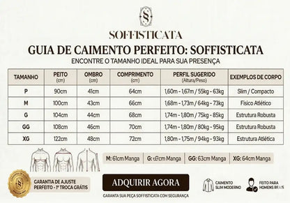 Guia de medidas camisa gola padre masculina soffisticata